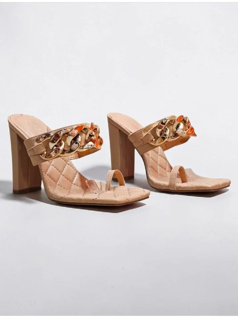 Quilted Nude Heeled Sandals With Gold Chain Detail & Square Toe Design - Picture 7 of 10